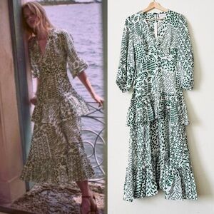 Alexis LARGE Tereasa 100% linen green white abstract leaf tiered midi dress